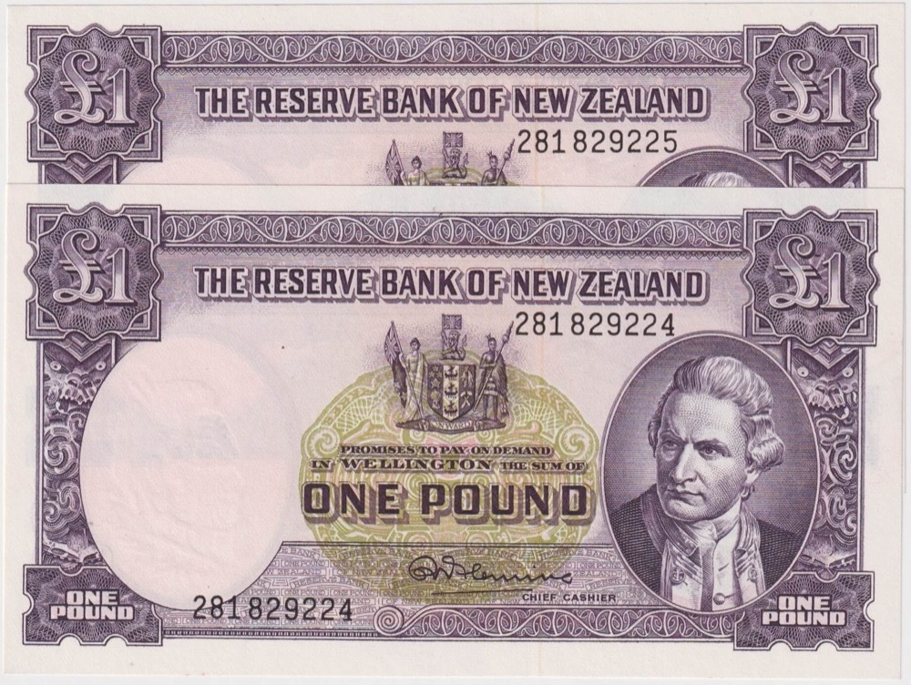 New Zealand 1956 1 Pound Consecutive Pair Fleming Pick#159d Uncirculated product image