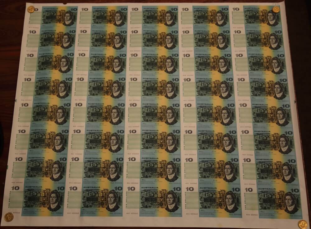 1994 10 Dollar Uncut Sheet of 40 Paper Notes Fraser / Cole product image