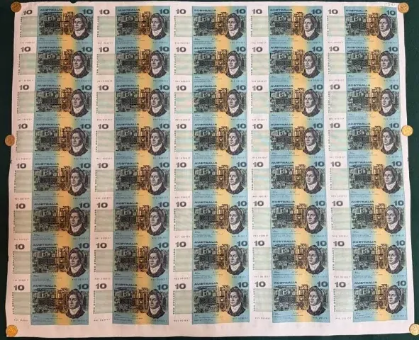 1994 10 Dollar Uncut Sheet of 40 Paper Notes Fraser / Cole product image