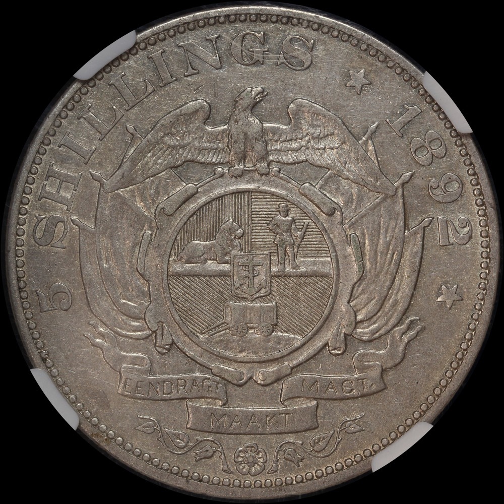 South Africa 1892 Silver 5 Shillings KM#8.2 Double Shaft NGC XF40 product image
