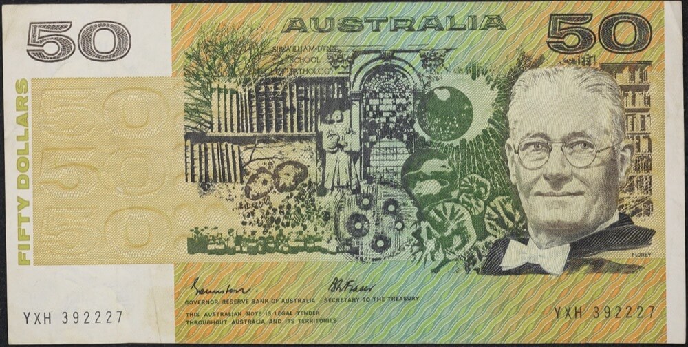 1985 $50 Note Gothic Serials Side Thread Johnston/Fraser YXH Last Prefix R509aL good VF product image