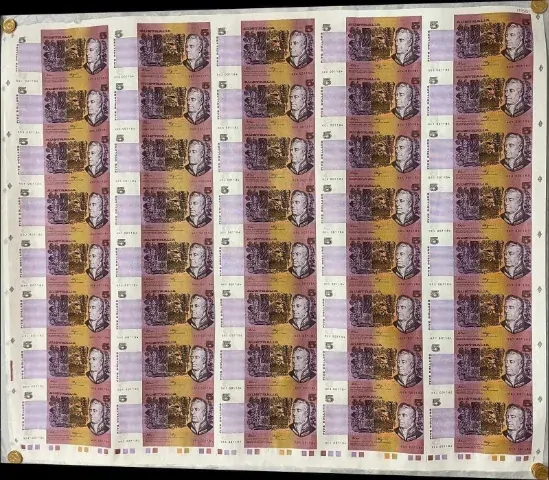 1990 5 Dollar Uncut Sheet of 40 Paper Notes Fraser Higgins product image