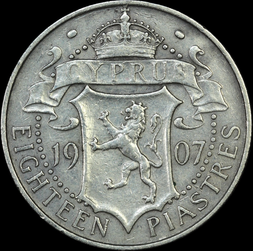 Cyprus 1907 Silver 18 Piastres KM#10 about VF product image