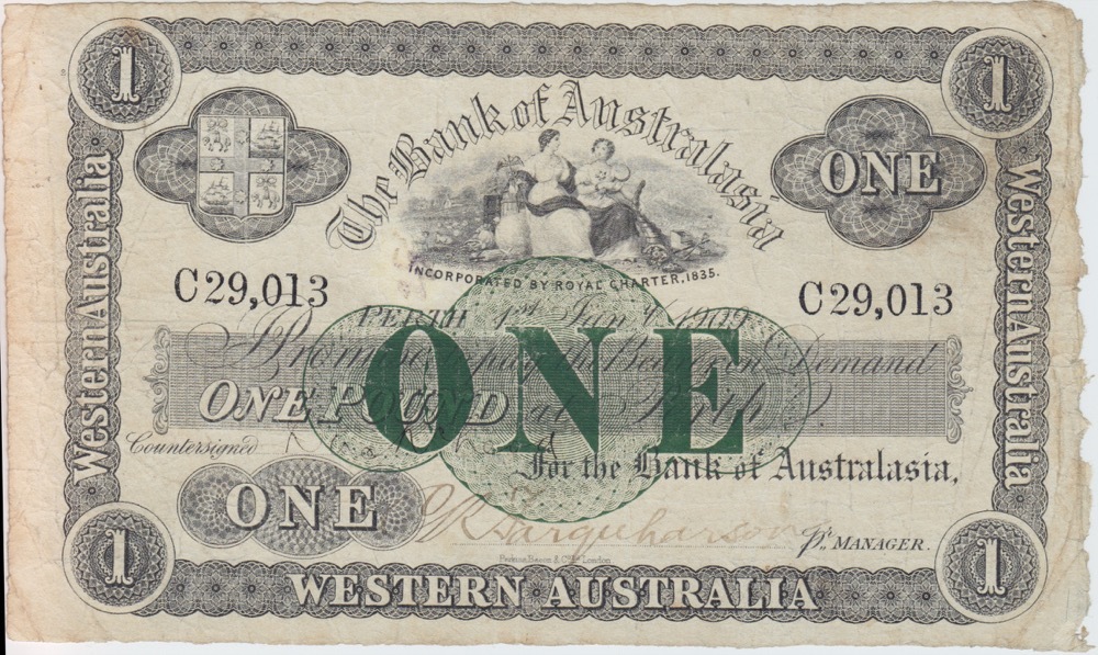 Bank of Australasia (Perth) 1909 1 Pound Issued Note MVR# 2c Very Fine Serials: C29,013
