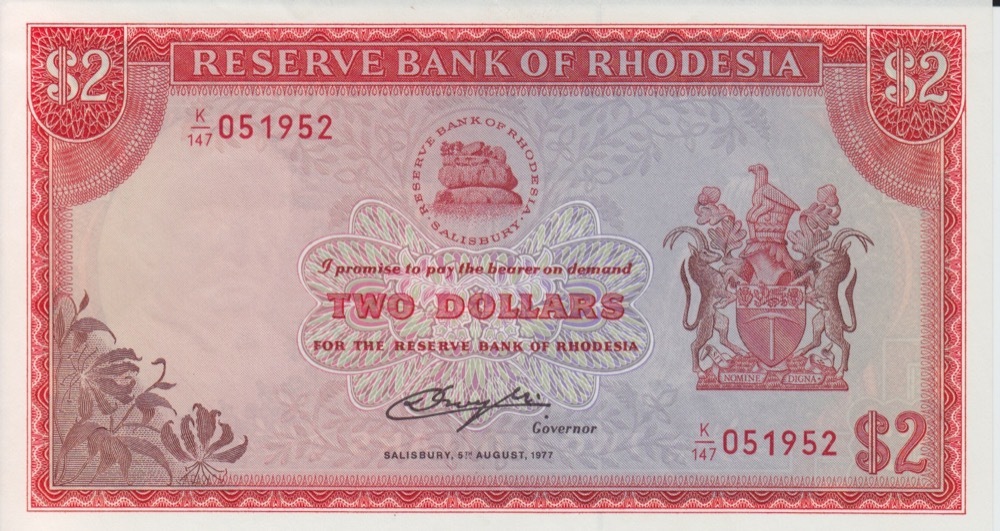 Rhodesia 1977 2 Dollars Rhodes Watermark Pick#31B Uncirculated product image