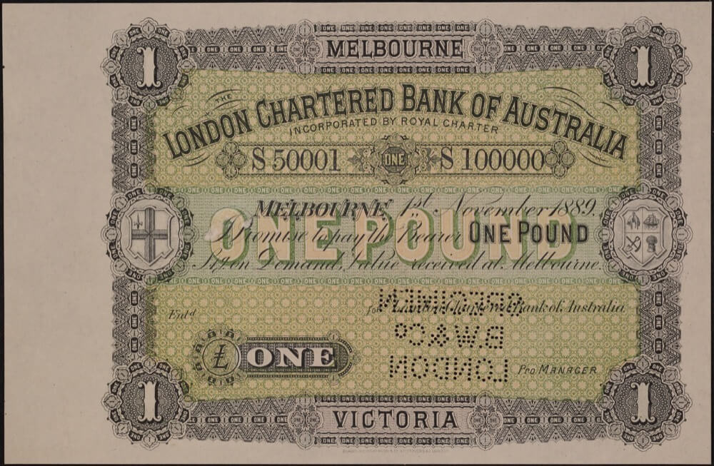 London Chartered Bank of Australia (Sydney) 1889 1 Pound Unissued Specimen Note MVR# 2d Uncirculated product image