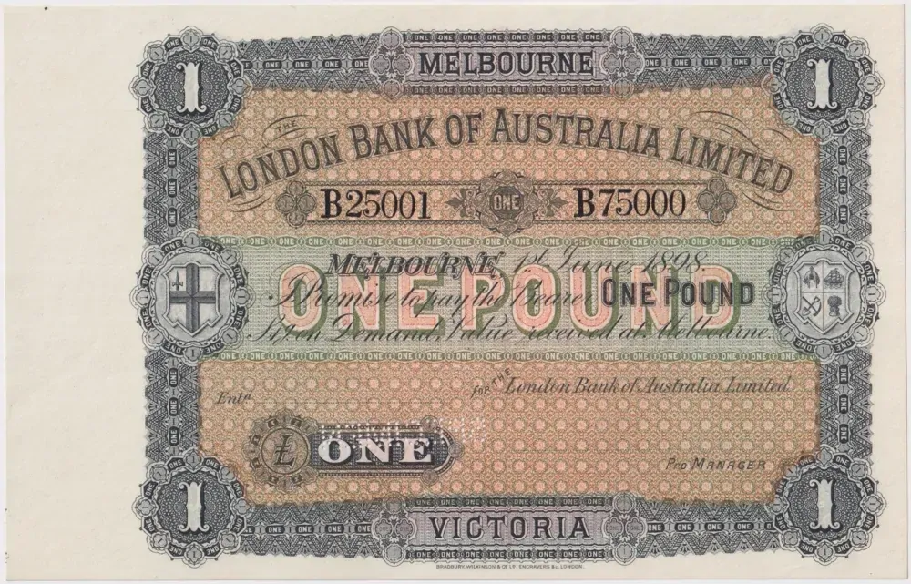 London Bank of Australia (Melbourne) 1898 1 Pound Unissued Specimen Note MVR# 2g Uncirculated product image