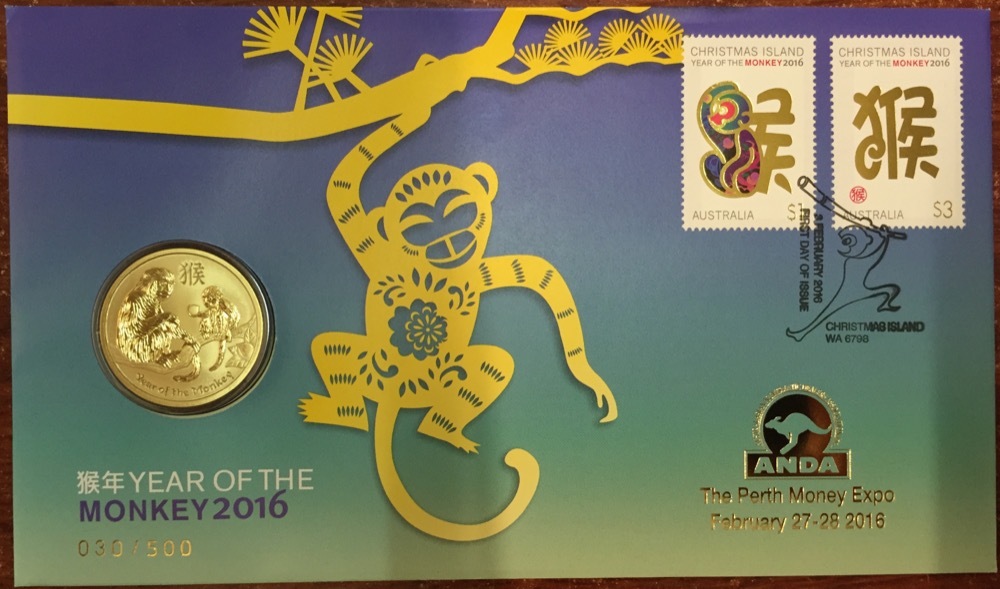 2016 1 Dollar Lunar Year of the Monkey Perth Money Expo Gold Overprint product image