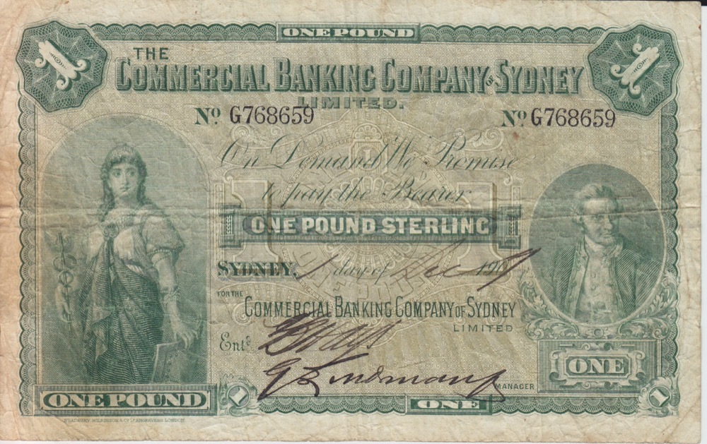 Commercial Bank of Sydney 1907 1 Pound Issued Note MVR# 5b Fine product image