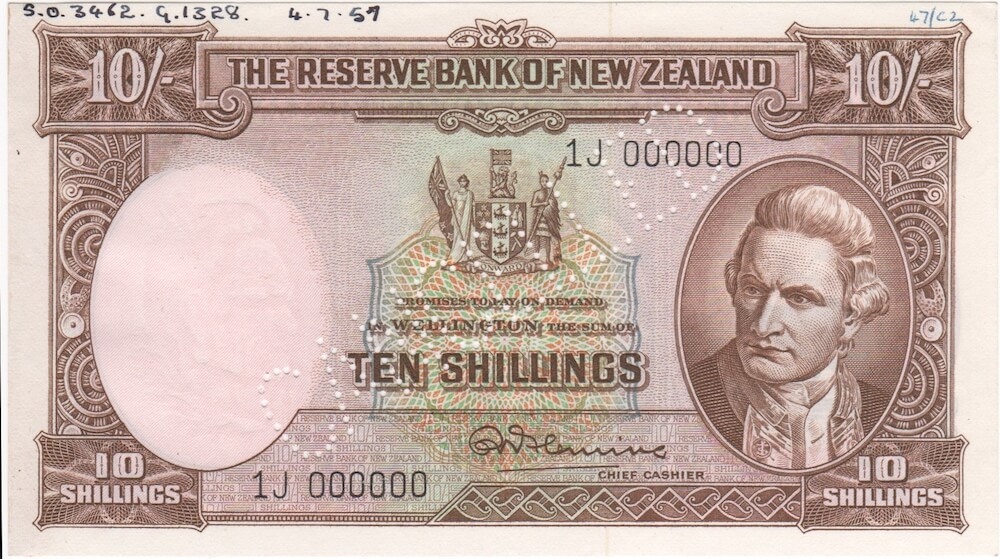 New Zealand 1959 10 Shillings Specimen Fleming Pick#158S Uncirculated product image