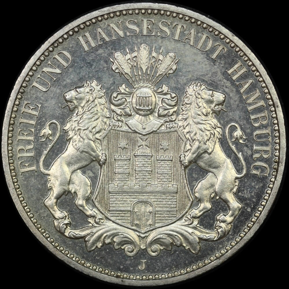 German States (Hamburg) 1908-J Silver Proof 3 Marks KM#296 PCGS PR63CAM product image