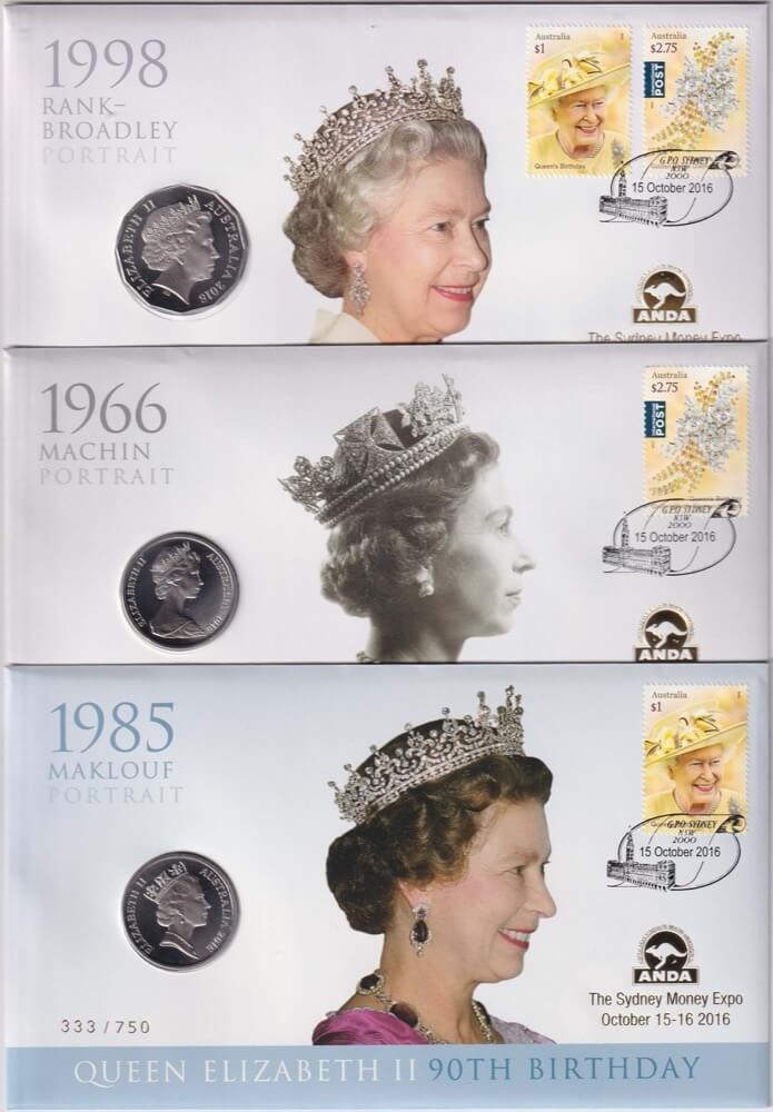 2016 20 Cent PNC Trio QEII 90th Birthday Sydney Money Expo Gold Overprint product image