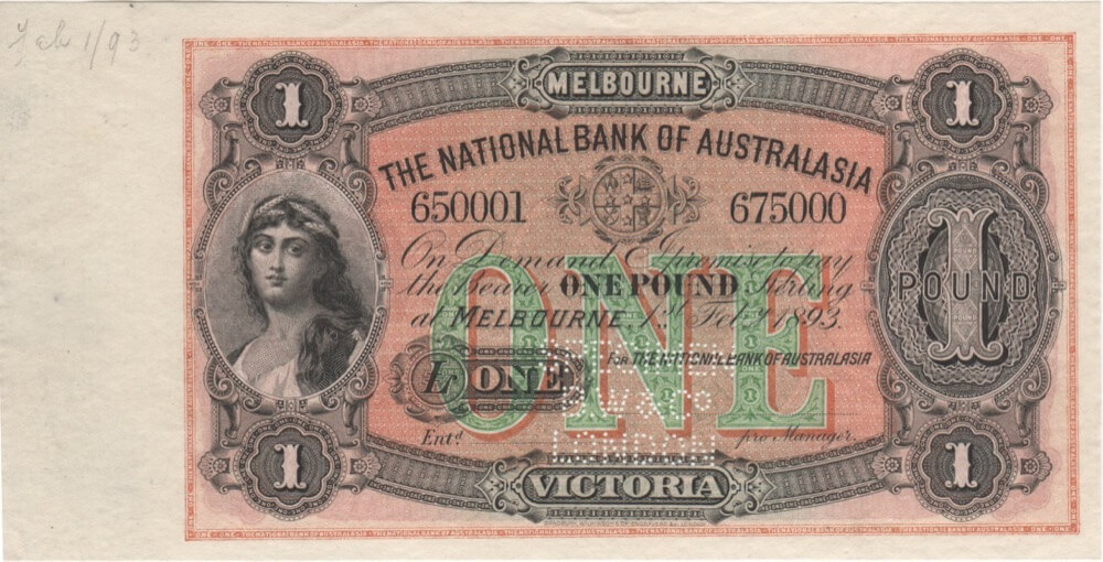 National Bank of Australasia (Melbourne) 1893 One Pound Unissued Specimen Note MVR# 4m Uncirculated product image