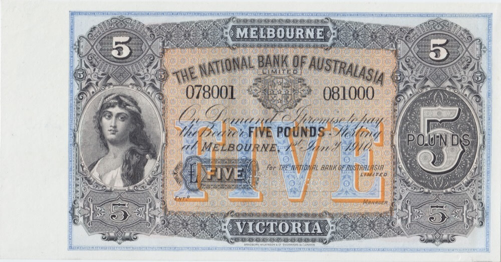 National Bank of Australasia (Melbourne) 1910 Five Pounds Unissued Specimen Note MVR# 4b Uncirculated product image