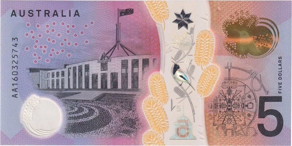 2016 $5 Note Stevens / Fraser AA16 First Prefix R224F Uncirculated product image