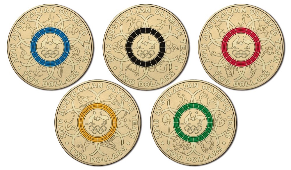 Australia 2016 Two Dollars Five Coin Olympic Coloured Coin Collection product image