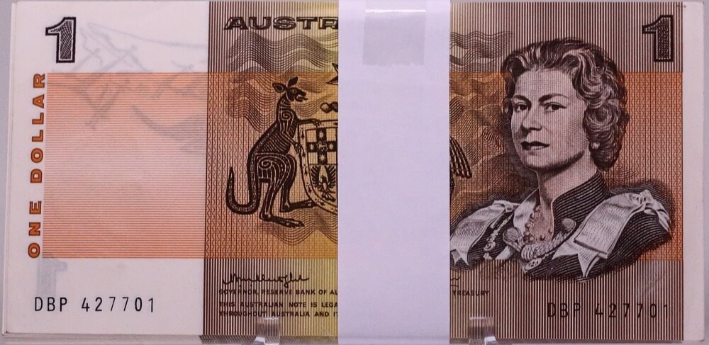 1976 $1 Note DBP Test Serials (Double Fold Paper) Knight/Wheeler R76bi Uncirculated Bundle of 100 Notes product image