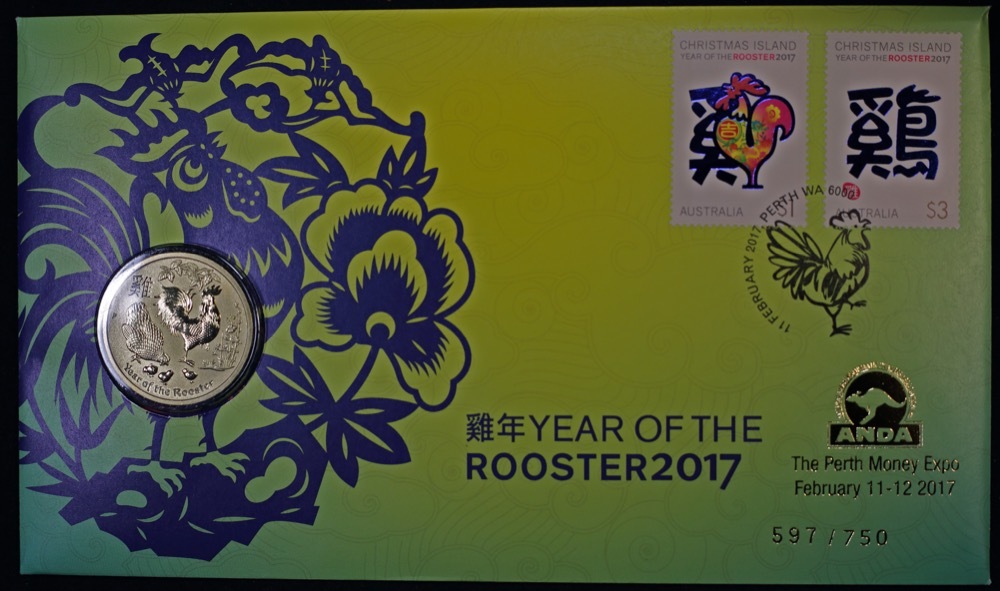 2017 1 Dollar Lunar Year of the Rooster PNC ANDA Money Expo Gold Overprint product image