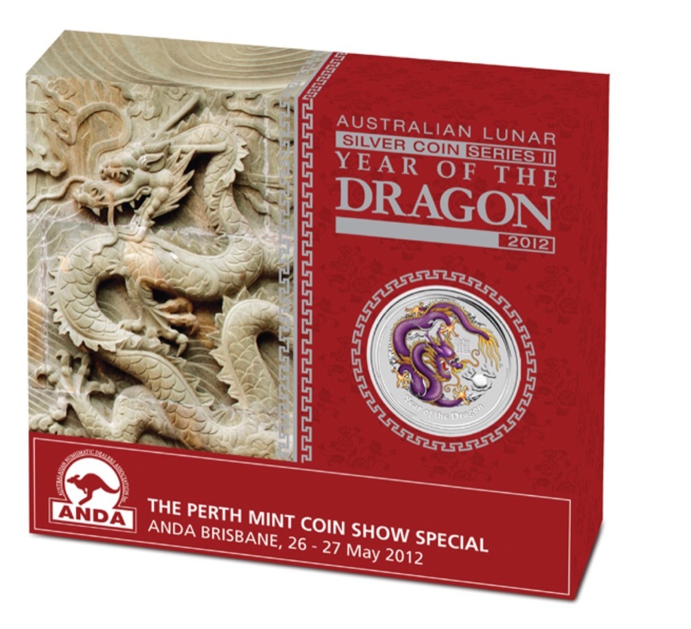 2012 Silver Lunar 1 Ounce Coloured Specimen Purple Dragon - Brisbane ANDA Show Special product image