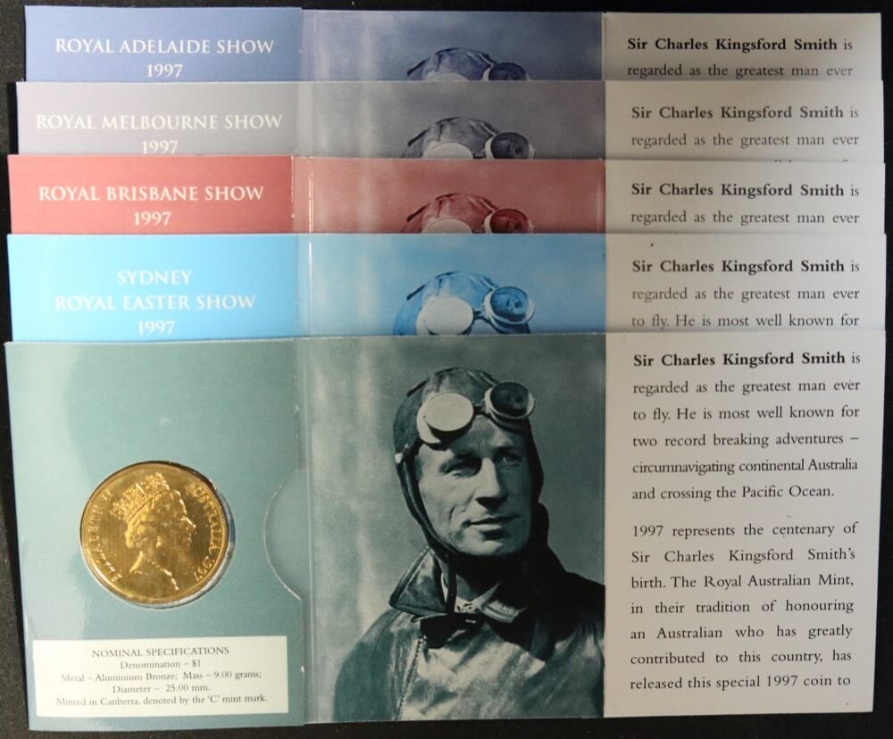 1997 Set of 5 Carded One Dollar Coins Kingsford Smith - Mintmarks CSMBA product image