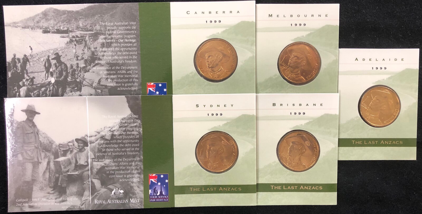 1999 Set of 5 Carded One Dollar Coins Last ANZACS Mintmarks CSMBA product image