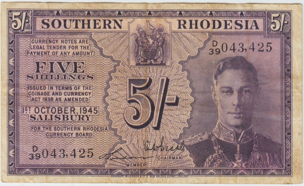 Southern Rhodesia 1.10.1945 5 Shillings Bessle Pick#8a Very Fine D/39 043,425 product image