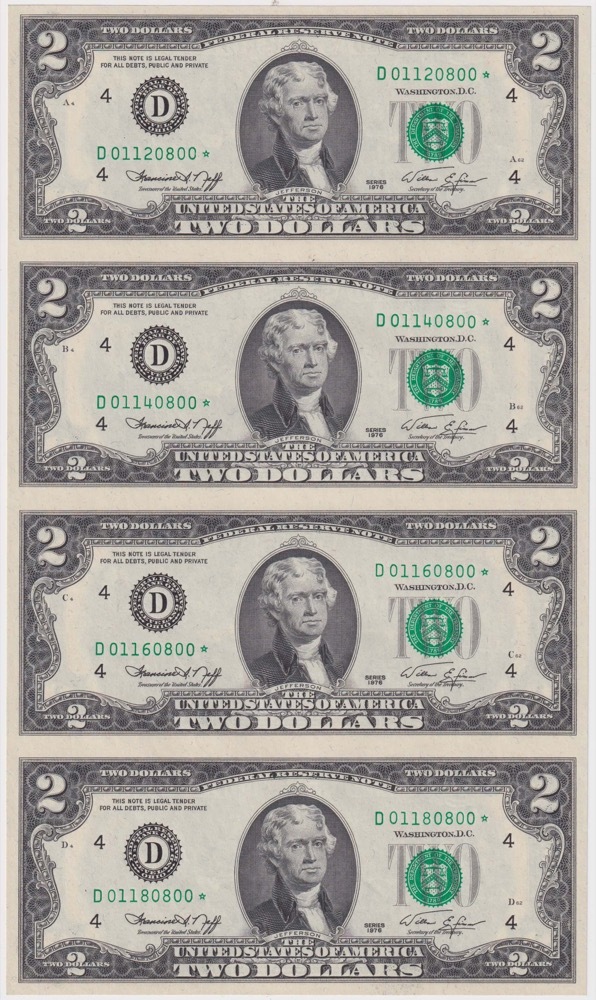 United States 1976 Uncut Vertical Strip of Four 2 Dollar Notes Uncirculated product image