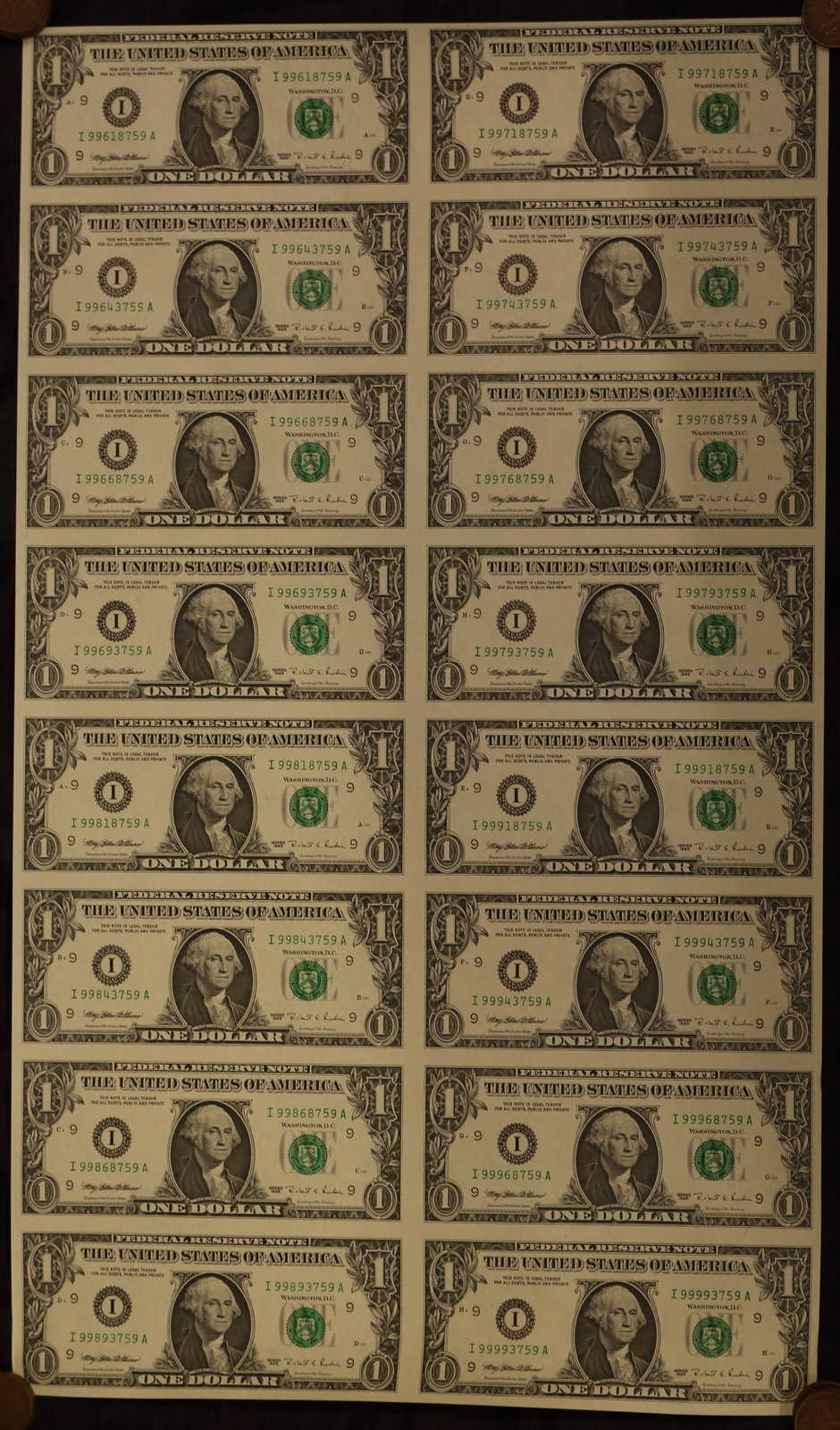 USA 1995 Uncut Vertical Strip of Sixteen 1 Dollar Notes Uncirculated product image