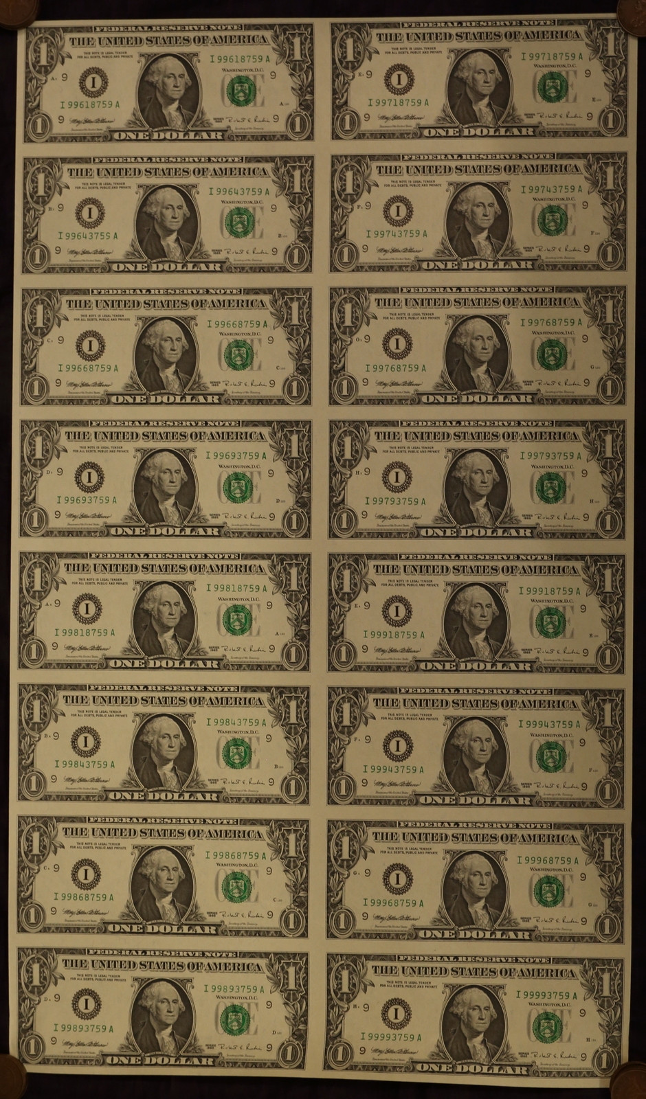 United States 1995 Uncut Vertical Strip of Sixteen 1 Dollar Notes Uncirculated product image