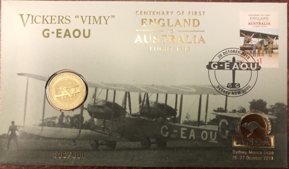 2019 1 Dollar PNC Vickers Vimy Sydney Money Expo Gold Overprint product image