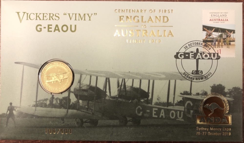 2019 $1 PNC Vickers Vimy Sydney Money Expo Gold Overprint product image