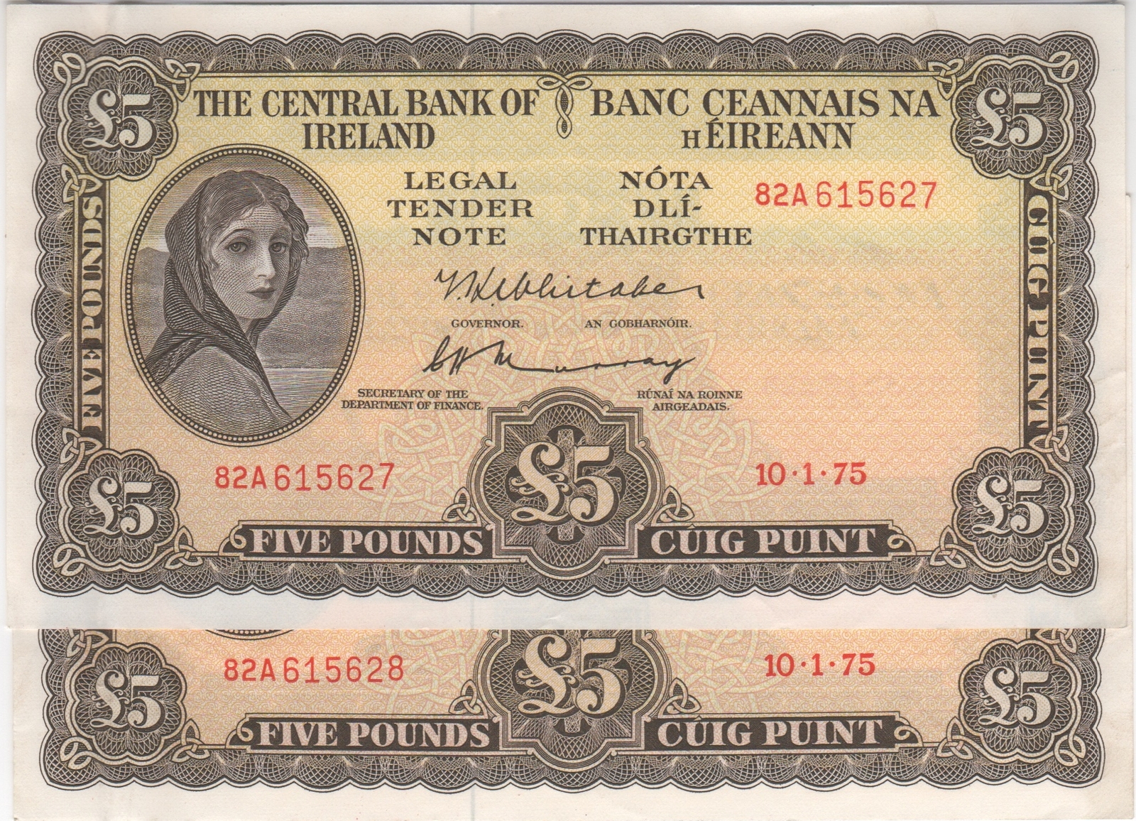 Ireland (Republic) 1.10.1975 Five Pound Consecutive Pair P# 65c good EF product image