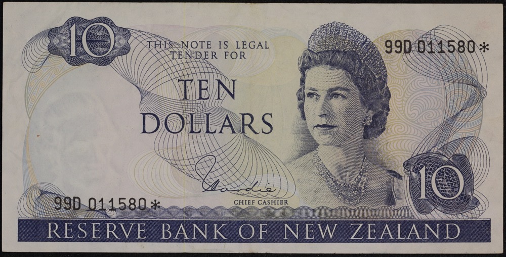New Zealand 1977 10 Dollar Star Replacement Note P# 166d Extremely Fine product image