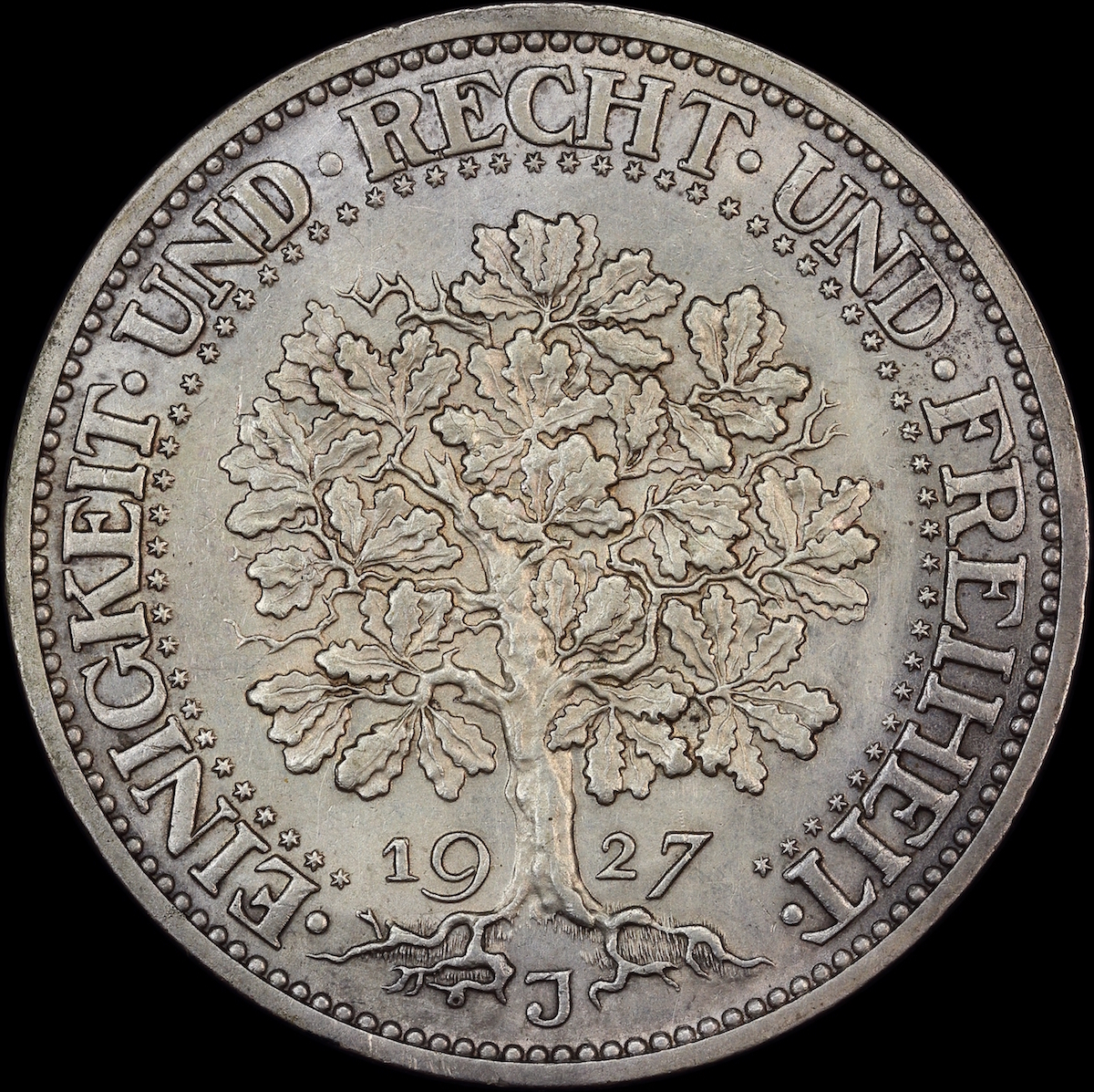 Germany (Weimar Republic) 1927-J Silver 5 Reichsmark KM# 56 about Unc product image