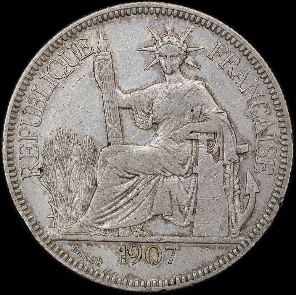 French Indo China 1907-A Silver 1 Piastre KM# 5a.1 good VF product image