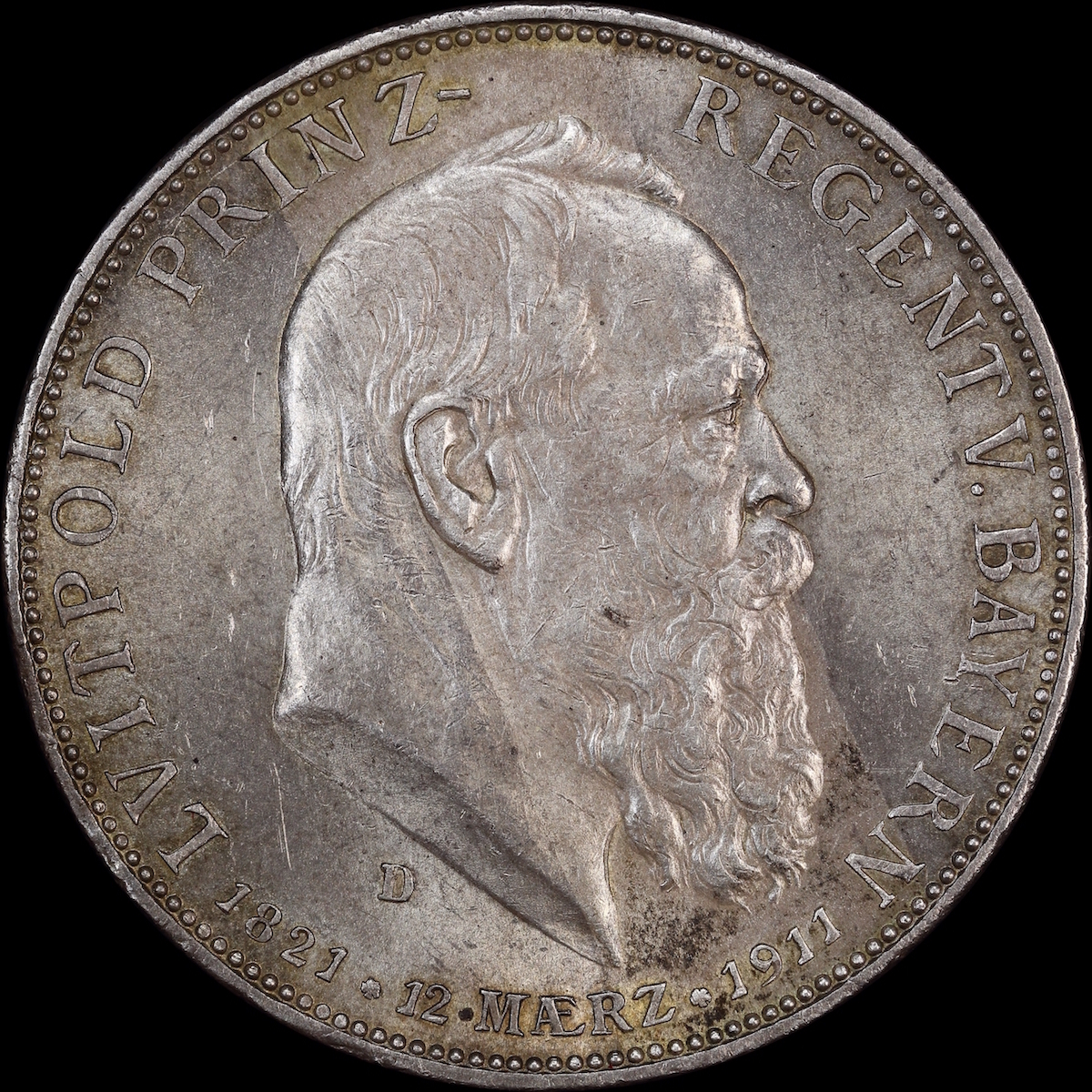 German States (Bavaria) 1911-D Silver 5 Marks KM# 523 good EF product image