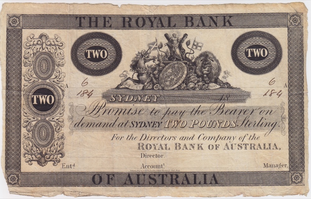 The Royal Bank of Australia (Sydney) ca 1842 2 Pounds Printer's Proof MVR# 1 good EF product image