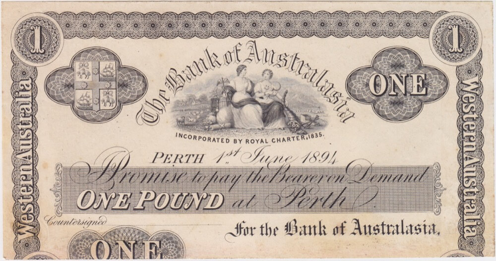 Bank of Australasia (Perth) 1894 1 Pound Unissued Printer's Proof MVR# 2b good VF product image