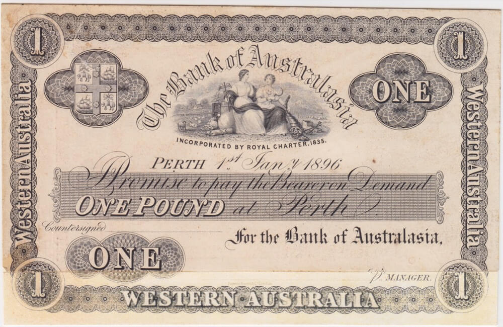 Bank of Australasia (Perth) 1896 1 Pound Unissued Printer's Proof MVR# 2b good VF product image