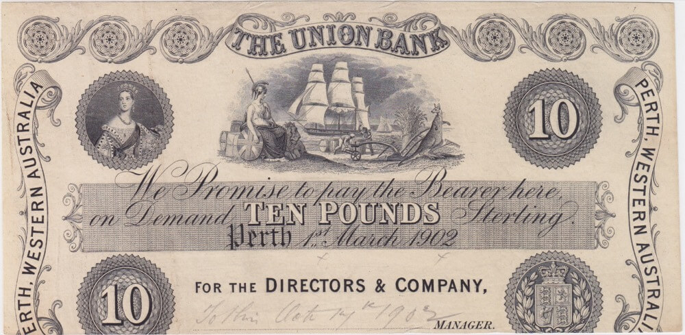 Union Bank of Australia (Perth) 1902 5 Pounds Unissued Printer's Proof MVR# 2a good VF product image