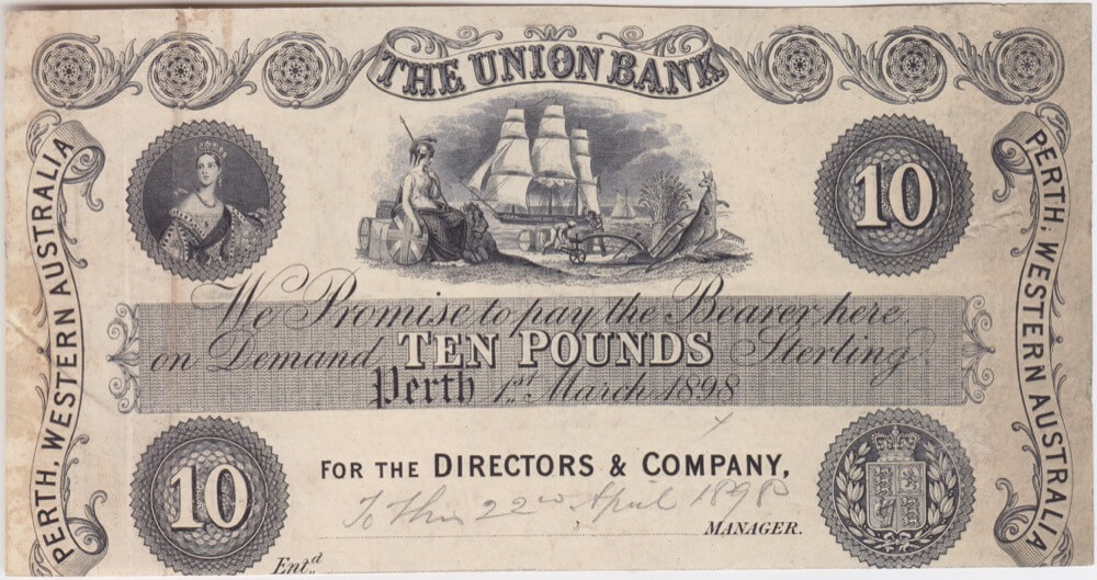 Union Bank of Australia (Perth) 1898 10 Pounds Unissued Printer's Proof MVR# 2a good VF product image