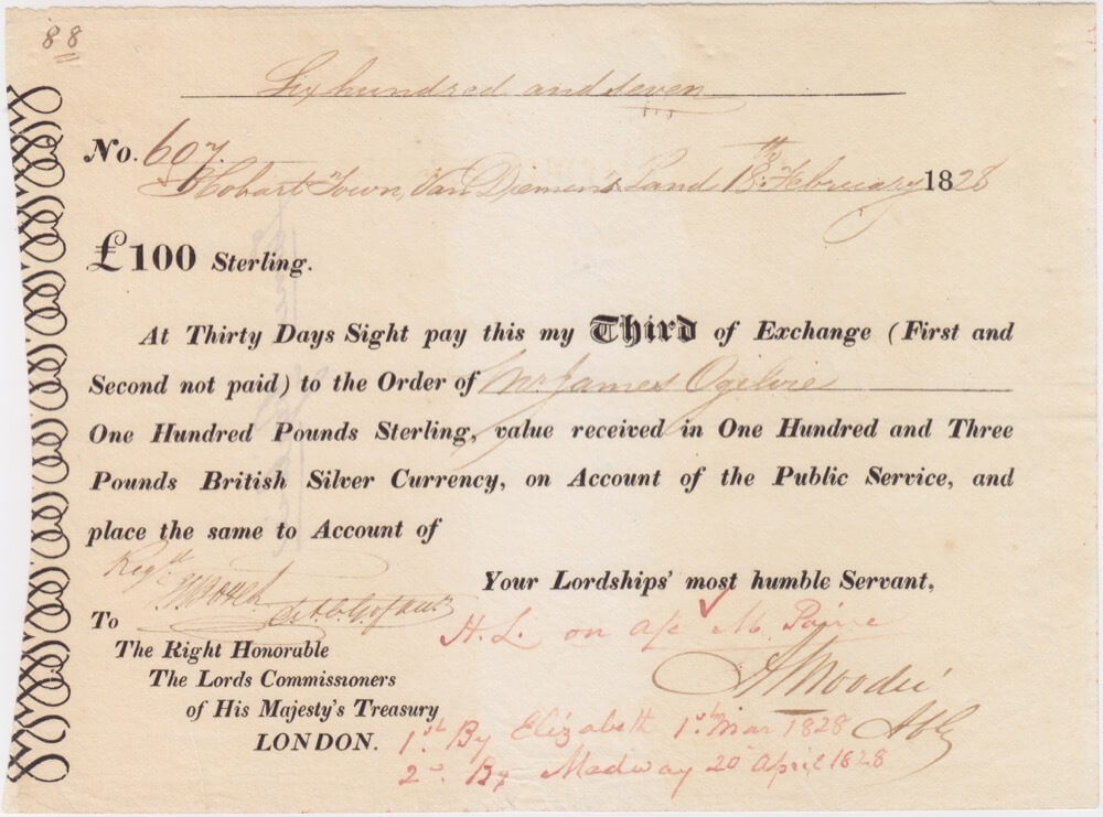 Van Diemen's Land Commissariat Office Bill of Exchange 1828 Affleck Moodie for One Hundred Pounds product image