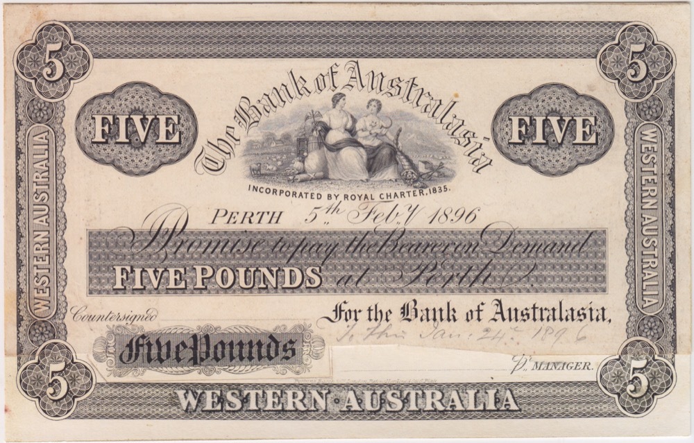 Bank of Australasia (Perth) 1896 5 Pounds Unissued Printer's Proof MVR# 2c good VF product image