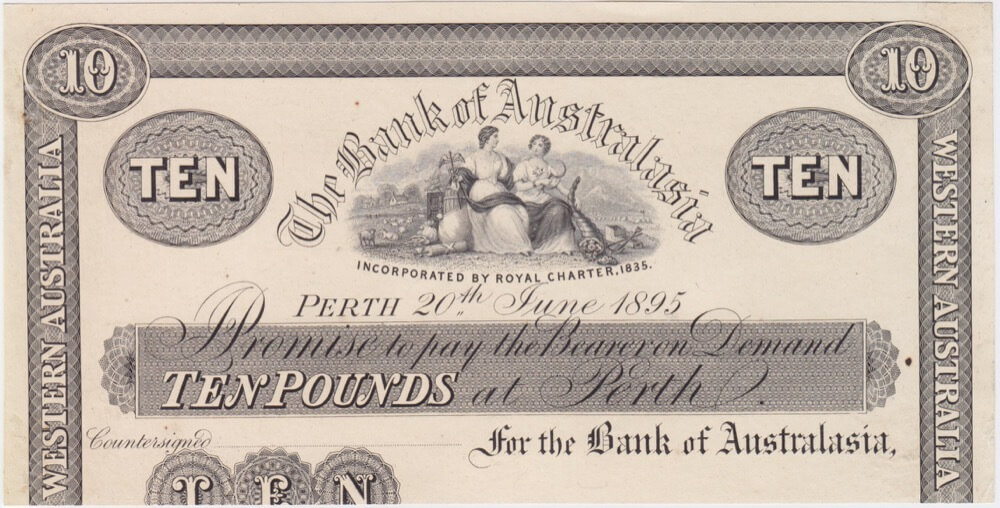 Bank of Australasia (Perth) 1895 10 Pounds Unissued Printer's Proof MVR# 2c good VF product image