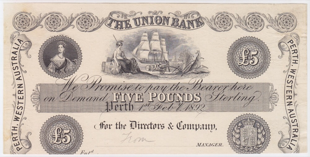 Union Bank of Australia (Perth) 1892 5 Pounds Unissued Printer's Proof MVR# 2b good VF product image