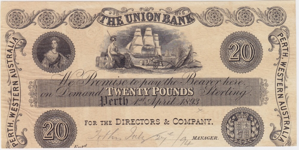 Union Bank of Australia (Perth) 1893 20 Pounds Unissued Printer's Proof MVR# 2b good VF product image