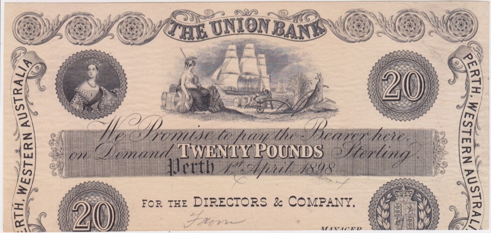 Union Bank of Australia (Perth) 1898 20 Pounds Unissued Printer's Proof MVR# 2b good VF product image