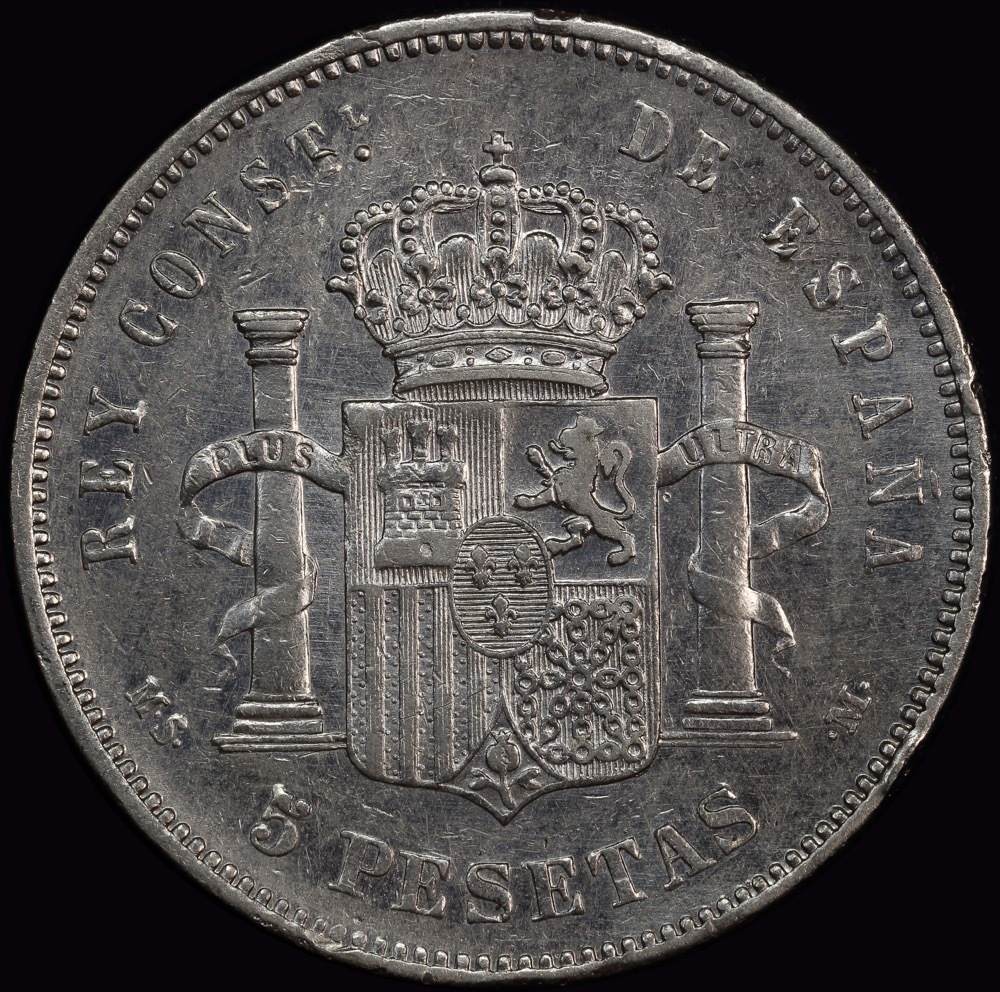 Spain 1882 Silver 5 Pesetas KMK# 688 good EF product image