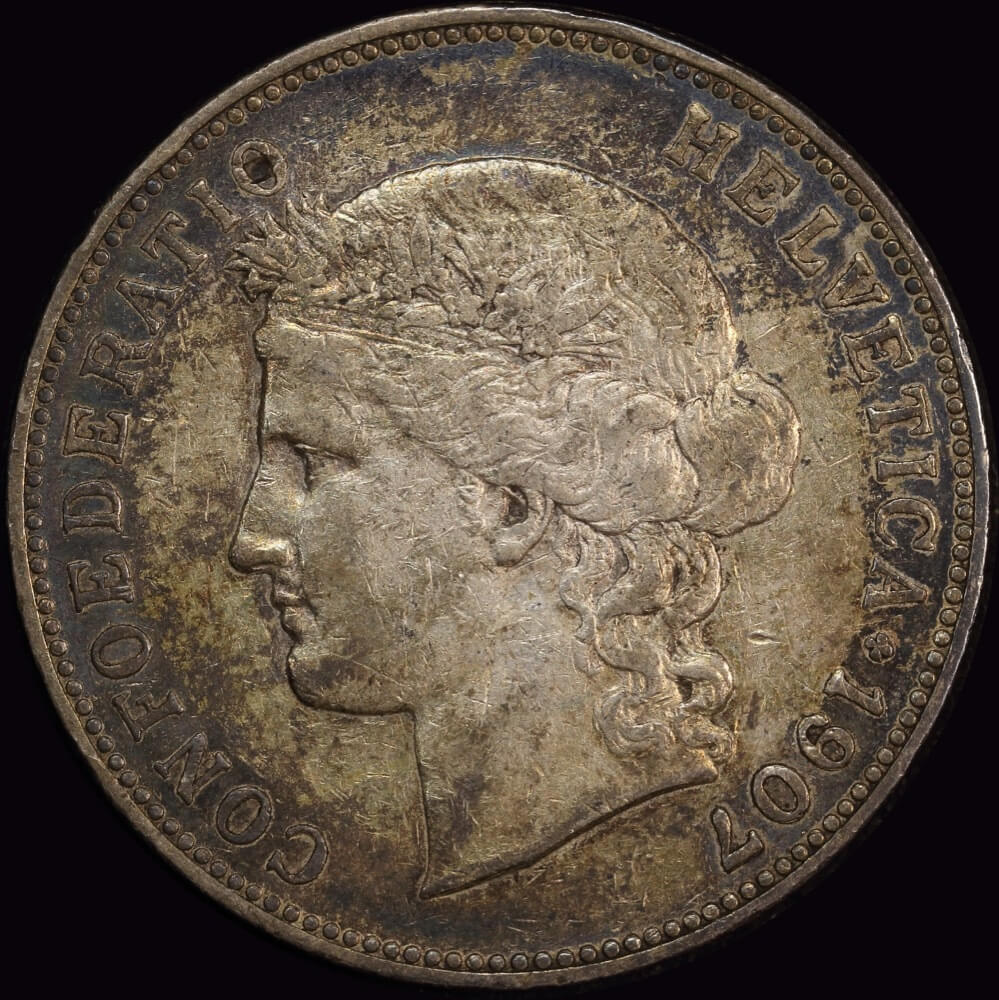 Switzerland 1907-B Silver 5 Francs KM# 34 good EF product image