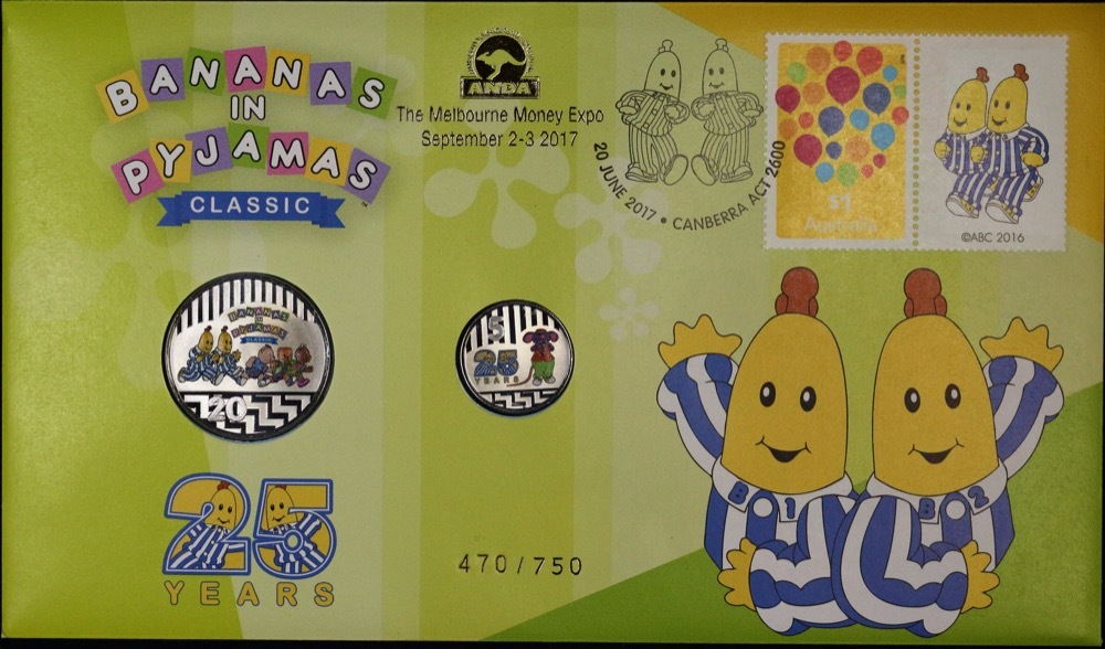 2017 20 Cent 2-Coin PNC Bananas in Pyjamas 25 Years Anniversary ANDA Money Expo Gold Overprint product image